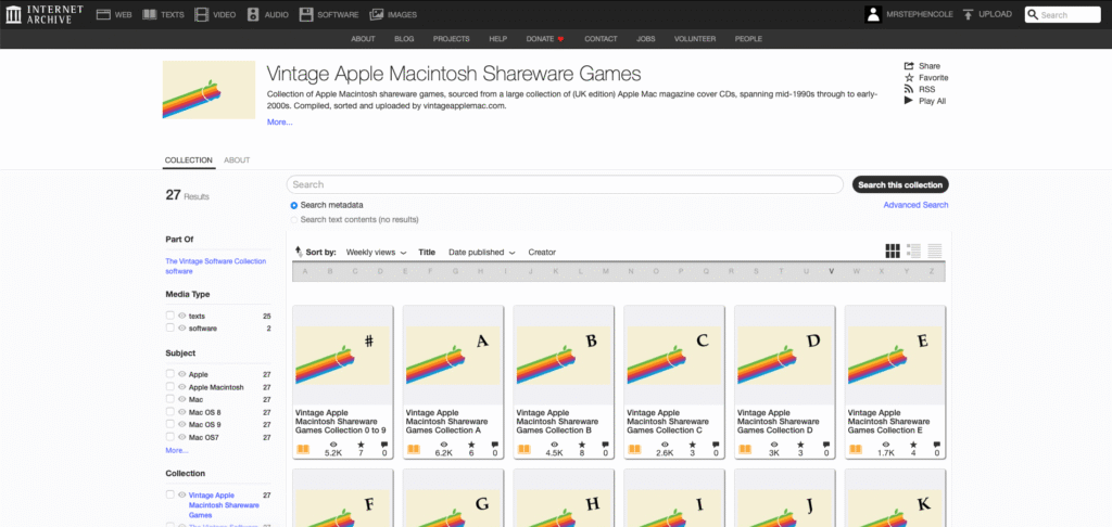 Screengrab of the Internet Archive page for the Vintage Apple Macintosh Shareware Games collection.